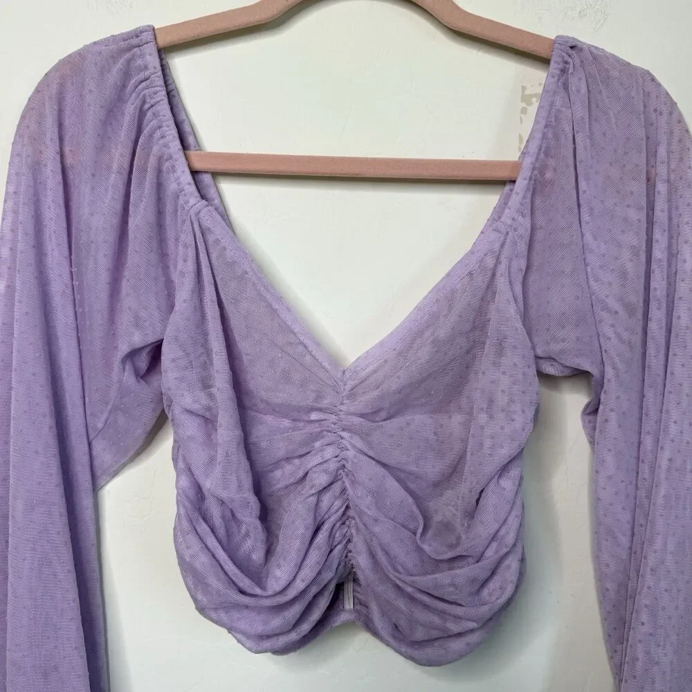 ASOS Size 4 Purple Ruched Sheer Swiss Dot Long Sleeve Crop Top